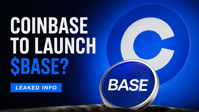 A thumbnail graphic reading 'COINBASE TO LAUNCH $BASE?' with a blue 'LEAKED INFO' banner, showing the Coinbase 'C' logo and a 'BASE' coin emblem against a dark blue background.