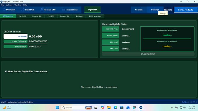 A screenshot of the DigiByte Core wallet interface showing DigiDollar balances at 0.00 $DD and a blockchain status panel that is still loading.