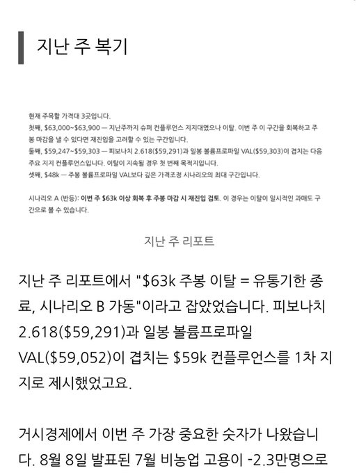 The image shows a Korean stock/cryptocurrency analysis titled "지난 주 복기" (Last Week Review), detailing that Genius ($63.00) overtook Einstein and reclaimed first place, with Nvidia ($59,291) and Boiling Frog Profile VAL ($59,303) tying for second, and a note that $63K was a key weekly support level. Below is a "지난 주 리포트" (Last Week Report) section from Siriot B Kadeung discussing a $59K build-up as a precedent before the rejection at $63K and the -$2.3M performance since August 8. The accompanying post discusses how GENIUS ($63) briefly triggered a "riskoff" before quickly recovering its prior support zone, suggesting the market is wrestling with the critical decision of whether to dip once more.