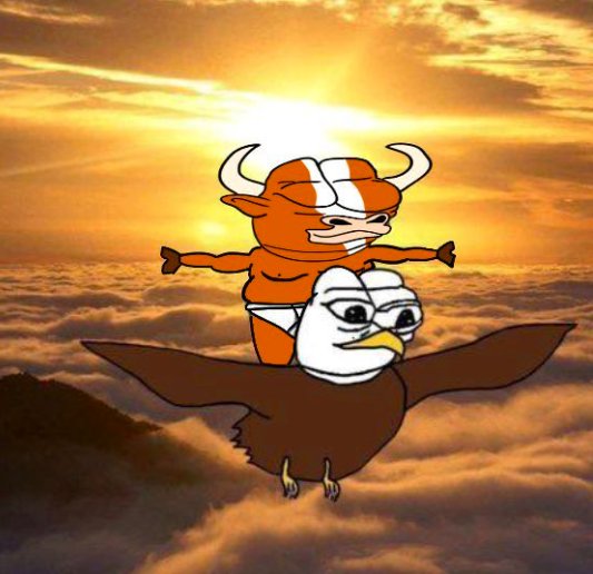 A cartoon shows an orange character with horns and a diaper riding on the back of a flying eagle with a serious expression, set against a sunset sky above the clouds.