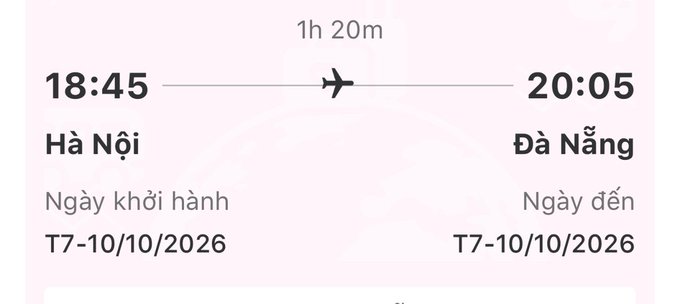 A flight booking interface showing a 1h 20m flight from Hà Nội to Đà Nẵng on Saturday, 10/10/2026, departing at 18:45 and arriving at 20:05.