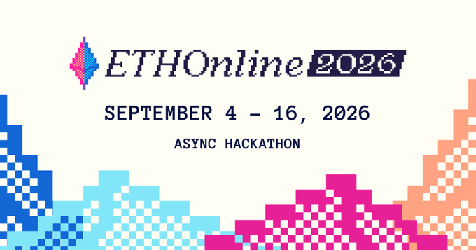 A promotional banner for ETHOnline 2026, an asynchronous hackathon scheduled for September 4-16, 2026, featuring a colorful pixelated design with a diamond logo.