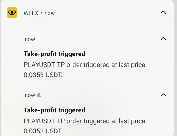A WEEX notification screen displays two alerts stating 'Take-profit triggered' for a PLAYUSDT TP order at last price 0.0353 USDT.
