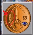 A pixel art icon of a gold coin stamped with the number '59' and a blue gem.