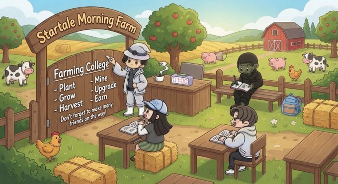 The image features a cartoon illustration of a farm scene, complete with various farm animals such as cows, chickens, and pigs. There are also people sitting at tables, engaged in different activities like reading or writing. The farm appears to be run by a farming college, where students can learn about agriculture and the environment through hands-on experience.

The post is titled "Morning Farm" and encourages players to "grab their tools and step into the ultimate farm-style mining game! Grow vibrant crops Raise adorable animals Upgrade your land piece by piece". The image also includes a sign that says "Startaltale Morning Farm", indicating the location of this farming college.