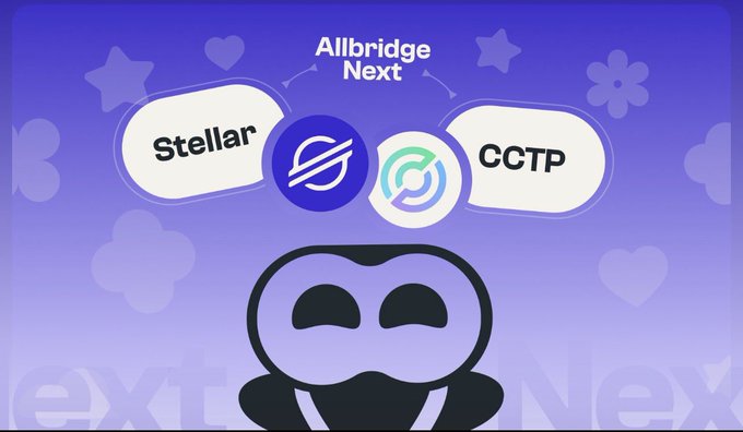 A promotional graphic for 'Allbridge Next' featuring the Stellar and CCTP logos with arrows connecting them, displayed above a cartoon character on a purple background with stars and hearts.