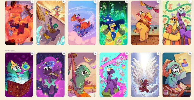 A grid of 12 colorful trading card illustrations featuring various cartoon characters including a chicken, bear, and other whimsical creatures in different scenes.