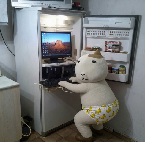 A stuffed shark plushie wearing a "Kuromi" outfit sits at a computer set up inside an open refrigerator, appearing to browse the internet. The scene humorously depicts an "ANSEM whale" (a nickname for a crypto trader known for buying meme coins) making a $3.22K purchase of the $KET token at a $17.81M market cap, with the tiny "whale" using the unconventional fridge-PC setup to execute the trade.