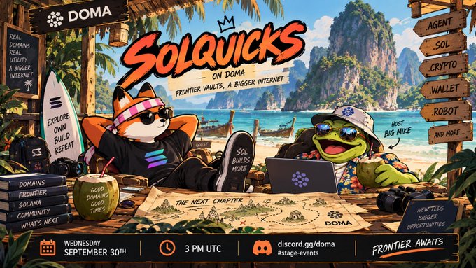 A promotional banner for 'SOLQUICKS ON DOMA' featuring cartoon animals (a cat and a frog) at a tropical beach setting, advertising an event on Wednesday September 30th at 3 PM UTC.