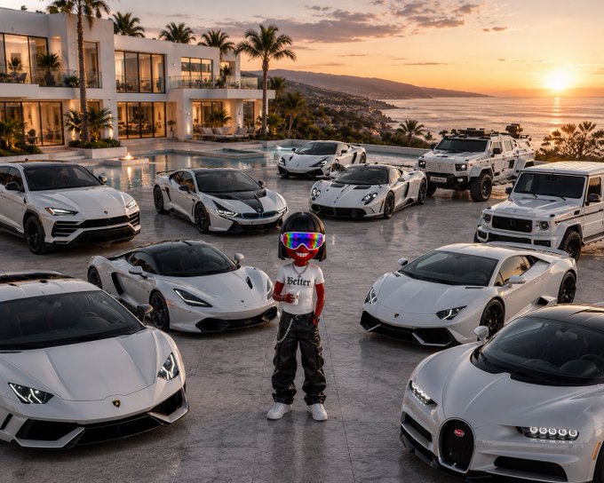 A child wearing ski goggles and a 'Better' shirt stands surrounded by a collection of white luxury sports cars and SUVs in front of a mansion with an ocean sunset view.