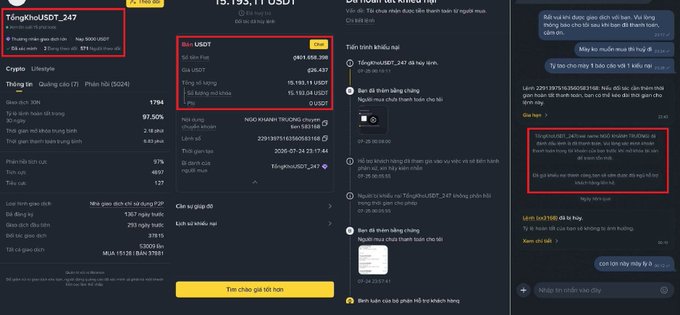 A screenshot of a Vietnamese crypto trading interface showing a USDT balance of approximately 1,901,698,358 USDT for user 'TốngKhôiSĩT_247' with various trading menu options and chat messages highlighted.