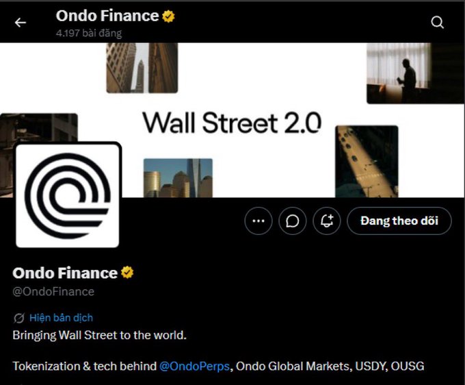 Twitter/X profile page for 'Ondo Finance' (@OndoFinance) with 4,197 posts, verified badge, and bio 'Bringing Wall Street to the world. Tokenization & tech behind @OndoPerps, Ondo Global Markets, USDY, OUSG', with a 'Wall Street 2.0' banner.