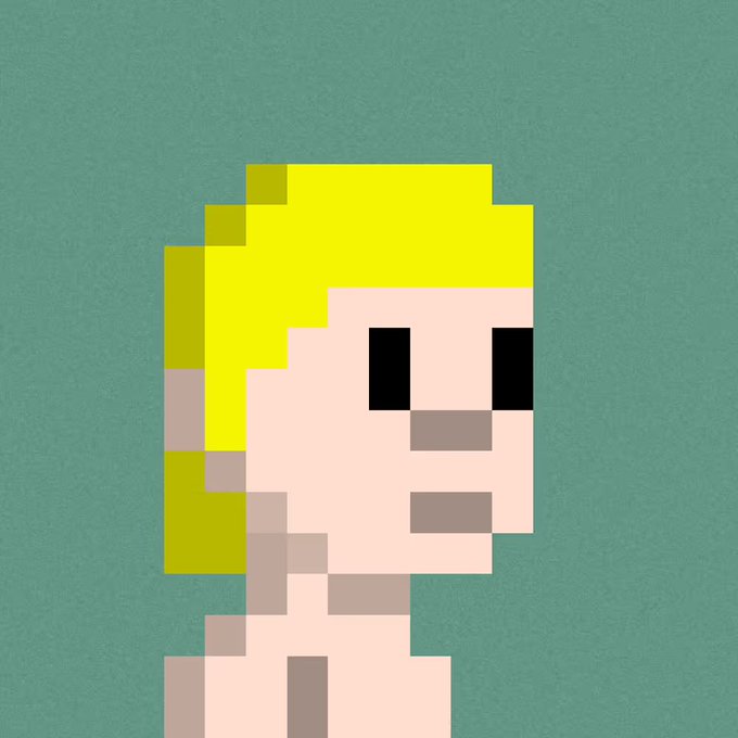 A pixel art portrait of a blonde character with large black eyes on a green background, matching the retro NFT aesthetic referenced in the WEB3 post about "Naked Regens" from @re_generates.