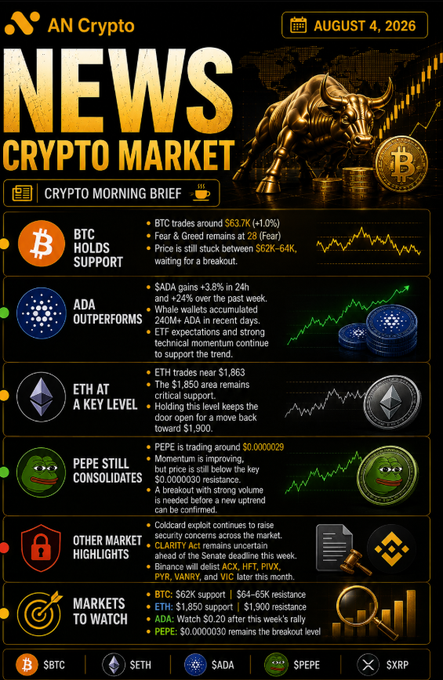 A crypto market news brief dated August 4, 2026, detailing that BTC holds support, SADA (ADA) outperforms, ETH is at a key level, and PEPE is still consolidating, along with other market highlights.