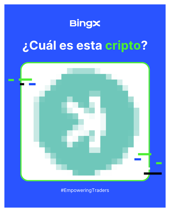 A BingX promotional graphic asking '¿Cuál es esta cripto?' (Which crypto is this?) above a pixelated teal coin with a question mark, featuring the hashtag #EmpoweringTraders.