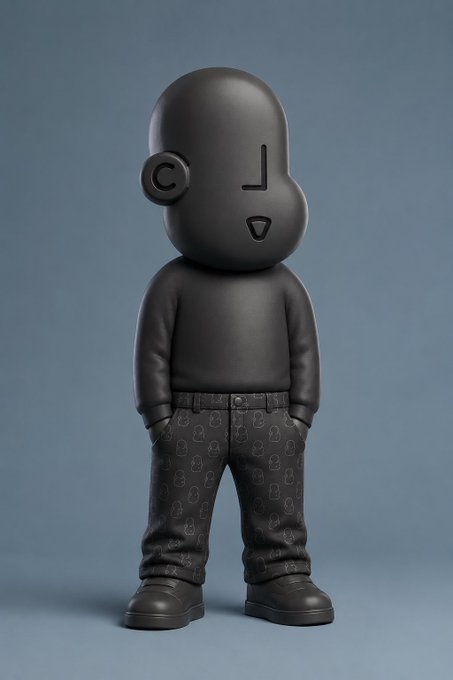 A matte black designer art toy figure with a minimalist face, large round ear, and patterned trousers stands against a blue-gray backdrop, styled like a high-end collectible figurine. The playful, character-like appearance matches the post's humorous "woke up as" sentiment, visualizing the @npconchain brand as a stylized character or "mascot."