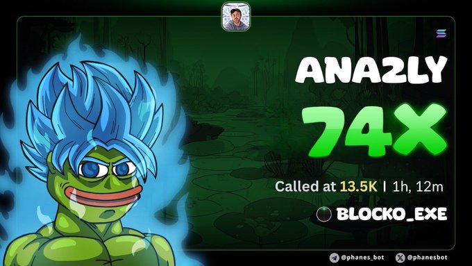 A phanes.bot Telegram channel post featuring a blue-haired Pepe meme character with the text "ANA2LY 74X Called at 13.5K | 1h, 12m BLOCKO_EXE", along with handles @phanes.bot.