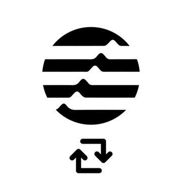 A black and white icon depicting a circular globe-like shape with horizontal wave lines and an exchange/transfer symbol (two arrows in a loop) below it.