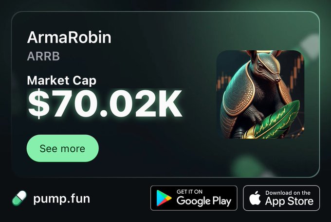 Pump.fun promotional graphic for 'ArmaRobin (ARRB)' token showing a market cap of $70.02K, featuring an armored Anubis-style Egyptian character with Google Play and App Store download buttons.