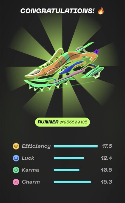 A digital screen displaying 'CONGRATULATIONS!' above an image of a futuristic green and orange shoe-like vehicle, with a 'RUNNER #956500135' label and stats for Efficiency (17.6), Luck (12.4), Karma (10.6), and Charm (15.3).