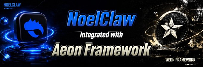 The image features a banner for a game called "Noel claw" with a blue square containing a black dragon logo, along with the text "integrated with @aeonframework". The banner also includes a star symbolizing the integration of the game within the framework.
