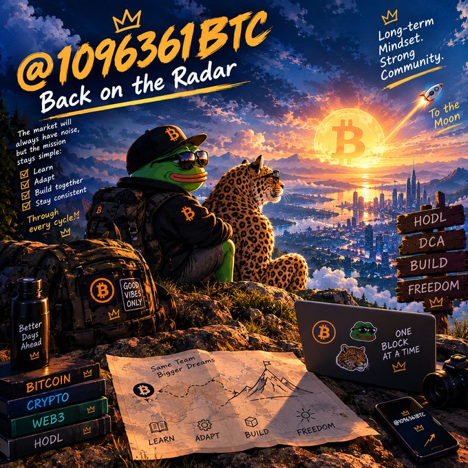 A digital graphic featuring the text '@1096361BTC Back on the Radar' shows a Pepe the Frog character wearing Bitcoin sunglasses alongside a leopard, overlooking a futuristic city at sunset, with text including 'HODL', 'DCA', 'BUILD', 'FREEDOM', and 'To the Moon'.