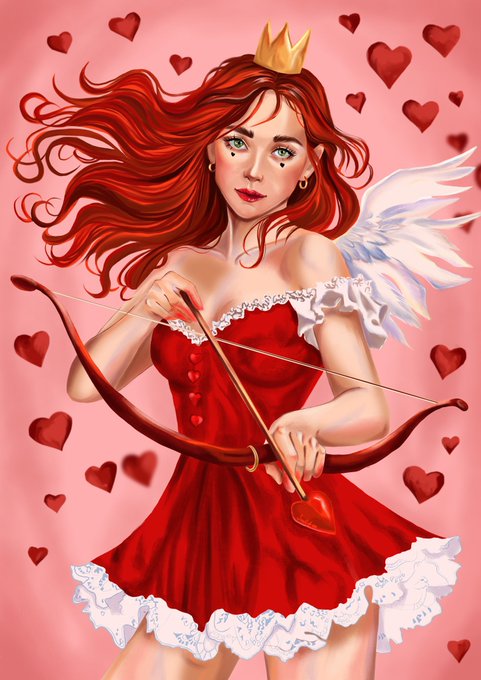 The image depicts a red-haired woman wearing a crown and a red dress, holding a bow and arrow, with white angelic wings on her back—embodying the classic Cupid figure. This visual directly matches the post's caption "Cupid" and the themes of love and hearts surrounding her, complementing the poetic text about aiming "right into the heart."

Key details:
- Text/Numbers visible: "4/10" and "10 XTZ" (referring to Tezos cryptocurrency pricing for the NFT)
- Platform: objkt.com (a Tezos NFT marketplace)
- Token reference: KT1AAbB (Tezos contract address)