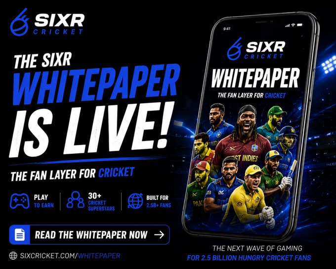 A promotional graphic announcing "THE SIXR WHITEPAPER IS LIVE!" as "THE FAN LAYER FOR CRICKET," featuring the SIXR Cricket logo, a smartphone displaying the whitepaper cover with cricket superstars, and key highlights including "PLAY TO EARN," "30+ CRICKET SUPERSTARS," and "BUILT FOR 2.5B+ FANS," with a call-to-action to read the whitepaper at SIXRCRICKET.COM/WHITEPAPER. The image visually reinforces the post's announcement by showcasing the whitepaper's mobile presentation and emphasizing its focus on the $SIXR token and cricket Web3 ecosystem.