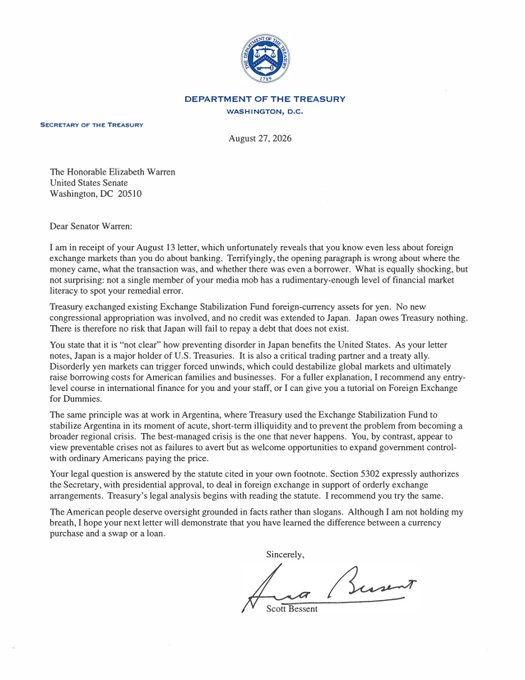 A typed letter on 'DEPARTMENT OF THE TREASURY' letterhead from 'WASHINGTON, D.C.' dated 'August 27, 2026', addressed to 'The Honorable Elizabeth Warren', criticizing her understanding of foreign exchange markets, and signed 'Scott Bessent'.