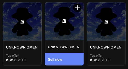 Three NFT listings titled "UNKNOWN OMEN" each showing a top offer of 0.012 WETH, with the middle option highlighted as "Sell now."