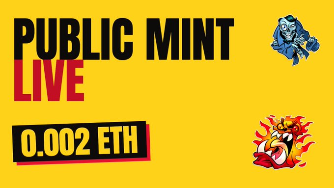 A yellow promotional graphic with bold text reading 'PUBLIC MINT LIVE' and '0.002 ETH', featuring cartoon mascot characters on the right side.