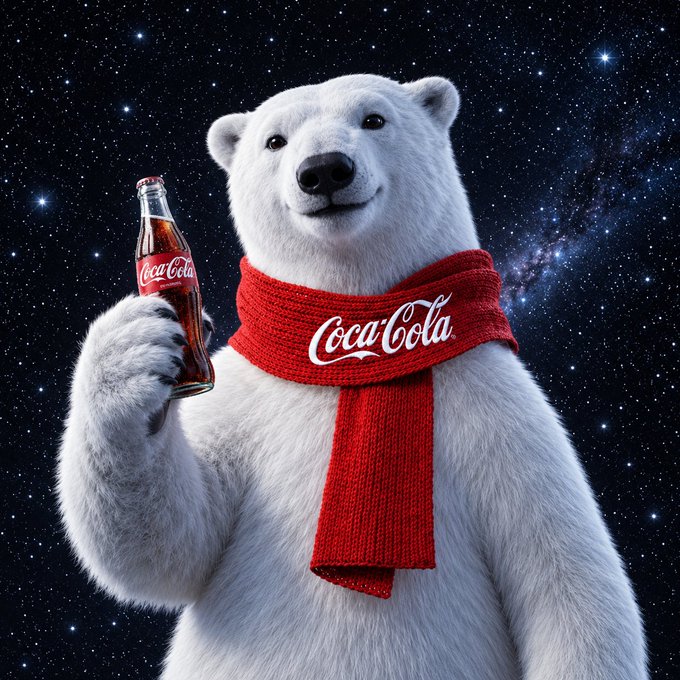 A polar bear wearing a red Coca-Cola scarf, holding a glass bottle of Coca-Cola, set against a starry night sky background.