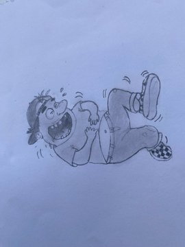 A black and white cartoon drawing depicts a laughing boy in a cap and overalls rolling on his back, kicking his legs in the air.