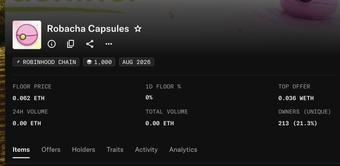 A screenshot of the Robacha Capsules NFT collection page on Robinhood Chain shows a floor price of 0.062 ETH with 213 unique owners (21.3%) and no trading volume, reflecting the poster's hesitation to mint despite the collection's opening activity on its August 2026 launch.