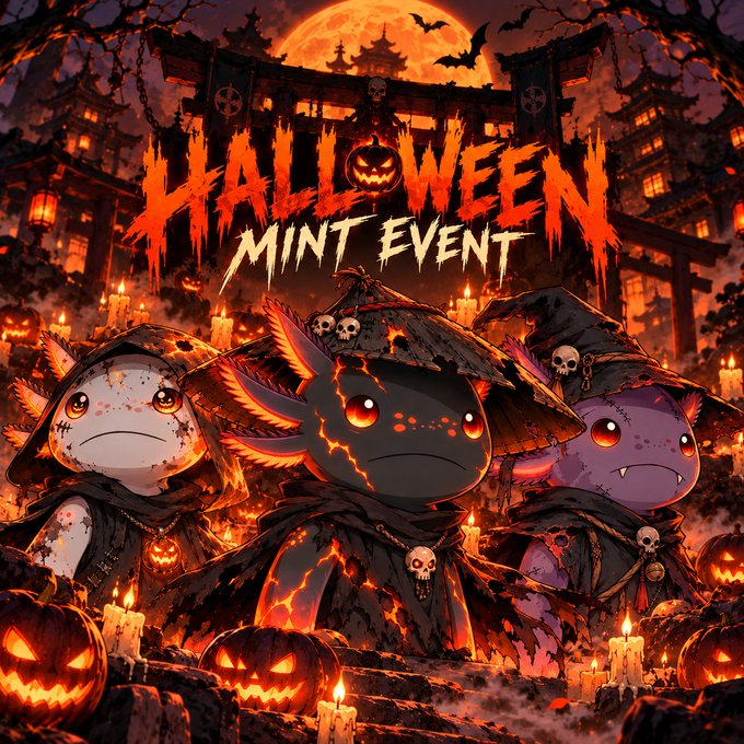 A dark, fiery promotional illustration for AXORONIN’s “HALLOWEEN MINT EVENT” features three hooded fantasy creatures among jack-o’-lanterns, candles, bats, and a full moon in a haunted village. The text “HALLOWEEN MINT EVENT” anchors the spooky artwork, matching the post’s announcement of the October 30–November 2 event with exclusive Halloween rewards.
