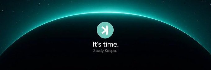 A promotional graphic with a teal planet/curve against a starry space background featuring a 'K' logo and the text 'It's time. Study Kaspa.'