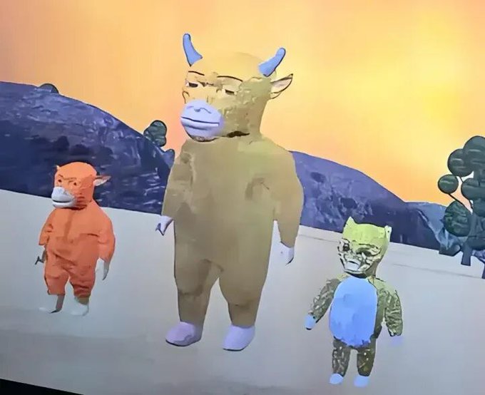 Three cartoon mascot characters—a small orange cow, a large tan bull with horns, and a green cat-like figure—stand against a backdrop of purple hills and an orange sky, symbolizing the bullish "Niu Lai" (牛来) meme coin whose market cap has crashed from $30 million to $14 million on the BSC network.
