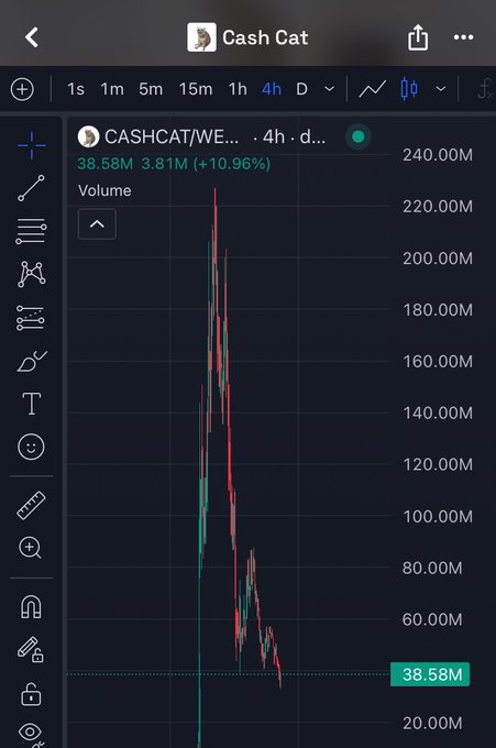 A 4-hour candlestick chart on TradingView displays "CASHCAT/WE..." showing a +10.96% gain with 38.58M volume, where the price shows a dramatic rally to roughly 220M before collapsing back down to around 50M—visually reinforcing the claim that "$cashcat is dead" despite the green percentage indicating otherwise.