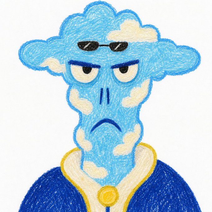 A hand-drawn colored pencil portrait of a grumpy blue cloud-headed figure wearing dark sunglasses pushed up on his forehead and a royal blue robe with a yellow-trimmed collar and gold medallion. The illustration matches the "Little Worlds : Portrait" collection referenced in the sale of NFT #720, depicting one of the collection's whimsical character portraits.