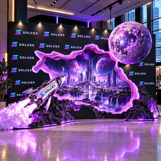 A vibrant event backdrop featuring the Solcx logo repeated across it, showcasing a rocket ship breaking through a cosmic portal into a futuristic city with a large purple moon.