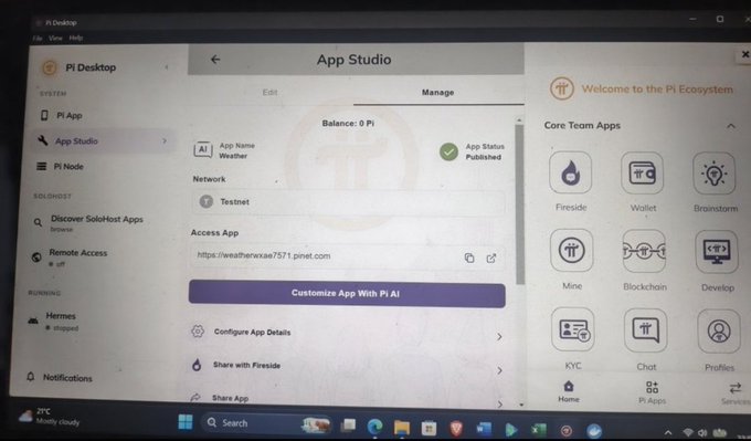 The image shows the Pi Desktop interface featuring an "App Studio" page with a published app called "Weather" on Testnet, accessible via weatherwxae7571.pinet.com, alongside the Pi Ecosystem sidebar displaying Core Team Apps like Wallet, Fireside, Blockchain, and Brainstorm. This illustrates the multi-partition layout mentioned in the post, where users can easily access and manage Pi Apps directly through their desktop, supporting the AI training sessions noted by providing an integrated platform for Pi's digital ecosystem.