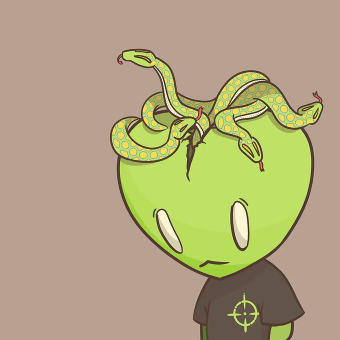 A stylized green apple-headed cartoon figure in a black shirt stands against a plain beige background, with several green snakes coiled over its head.