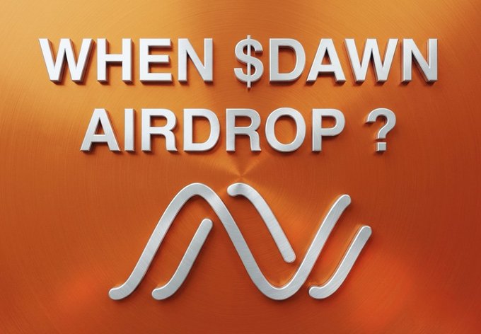 The image displays a vibrant orange background with metallic silver 3D text reading "WHEN $DAWN AIRDROP?" above a stylized silver logo, visually emphasizing the community's urgent demand for clarity about the $DAWN airdrop. The bold question in the graphic reinforces the post's frustration over the project's two years of silence, echoing the call for an update on the long-awaited TGE.