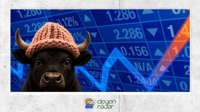 A bull wearing a knitted pink hat appears in front of a stock market chart with rising orange and blue trend lines and numbers like 1.286, 2.286, and 0.156, visually representing the "bullwifhat" memecoin concept that combines bullish market imagery with the hat-wearing animal theme.