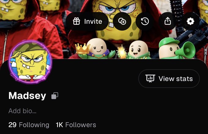 The image shows a Pump.fun profile for "Madsey" displaying the account's dashboard with a profile picture featuring SpongeBob in a suit, action buttons including "Invite," and stats showing "29 Following" and "1K Followers." This visually celebrates the user's milestone of reaching 1,000 followers on the platform, as mentioned in the post.