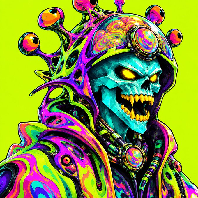 A vibrant, psychedelic digital illustration of a teal skull wearing an elaborate, colorful crown with eyeball-like orbs, set against a bright lime green background.