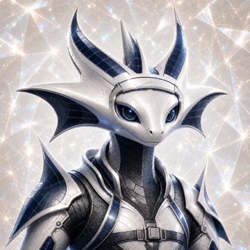 A digital illustration of a white, dragon-like humanoid creature with blue horns and large eyes, wearing ornate silver and blue armor against a sparkling background.