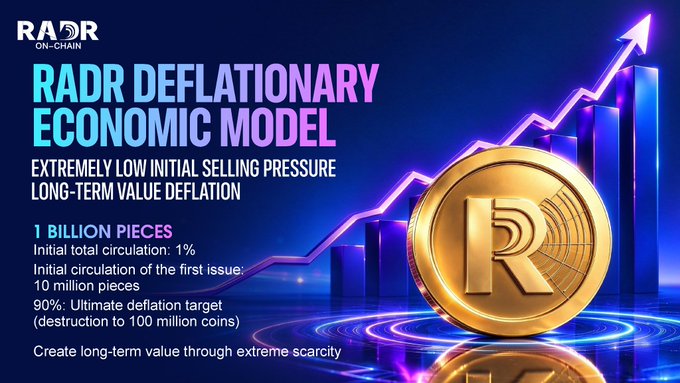 The image displays a promotional graphic for "RADR On-Chain," detailing its deflationary economic model with key stats: 1 billion pieces initial total circulation, 1% (10 million pieces) at launch, and a 90% deflation target reducing it to 100 million coins. A large gold R-branded coin and an upward-trending arrow reinforce the post's message of minimal selling pressure and long-term value creation through scarcity.