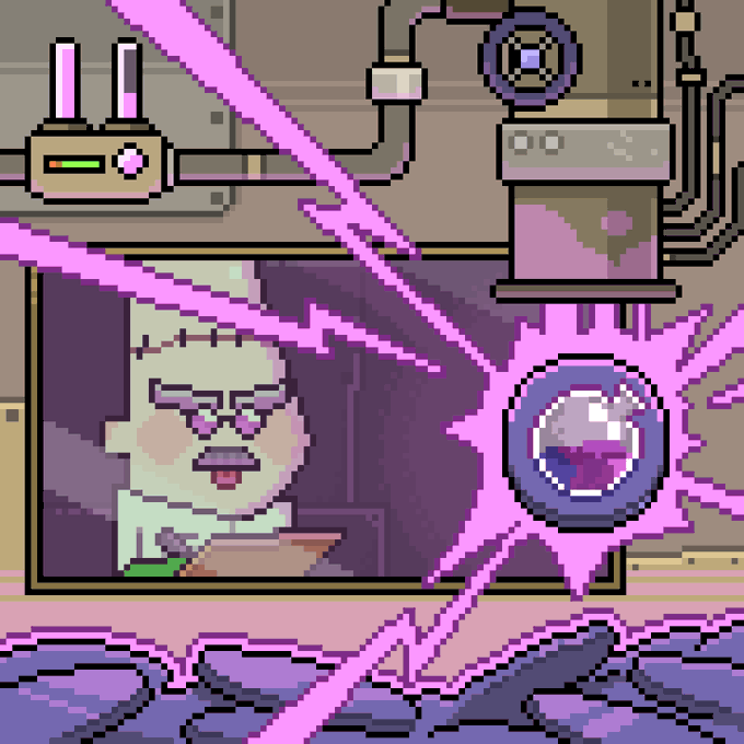 A pixel art scene shows a white-bearded scientist in glasses working in a chaotic lab filled with pink energy beams and a floating sphere, perfectly illustrating the mad scientist theme of the @madscientists_x NFT collection being celebrated as experimental digital art on the Cosmos ecosystem.