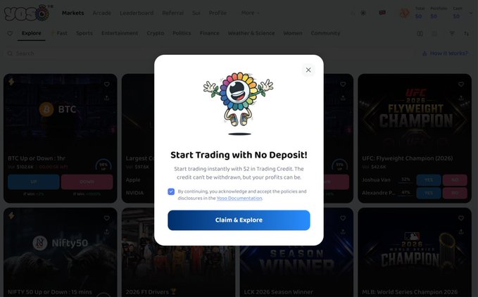 A website (Vox) with a popup offering 'Start Trading with No Deposits!' with $2 in Trading Credit, featuring a cartoon flower character and various betting markets visible in the background.